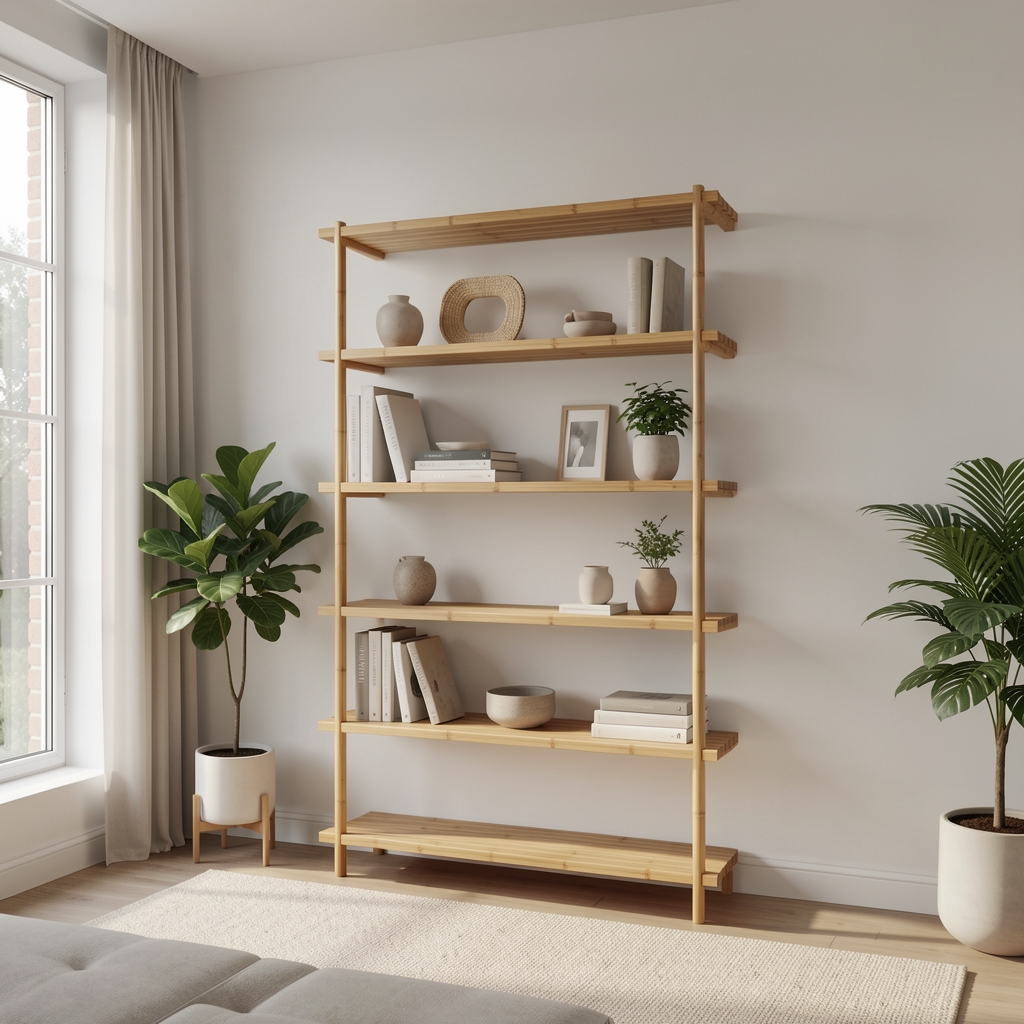 Moderna plutajuća bamboo polica za zid u minimalističkom enterijeru dnevne sobe, prirodna boja drveta