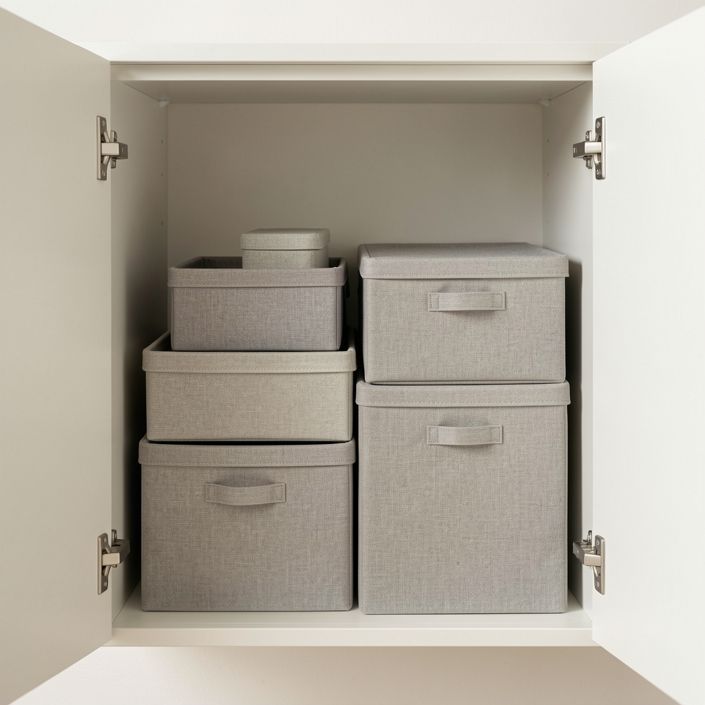 Bele IKEA Skubb kutije za skladištenje različitih veličina složene u ormar, tekstil siva