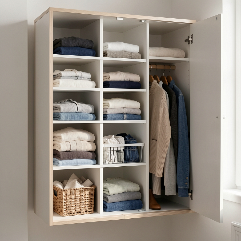 IKEA SKUBB beli platneni organizator ormara sa šest pregrada okačen na šipku ormara, pune bele unutrašnjosti sa složenom odećom